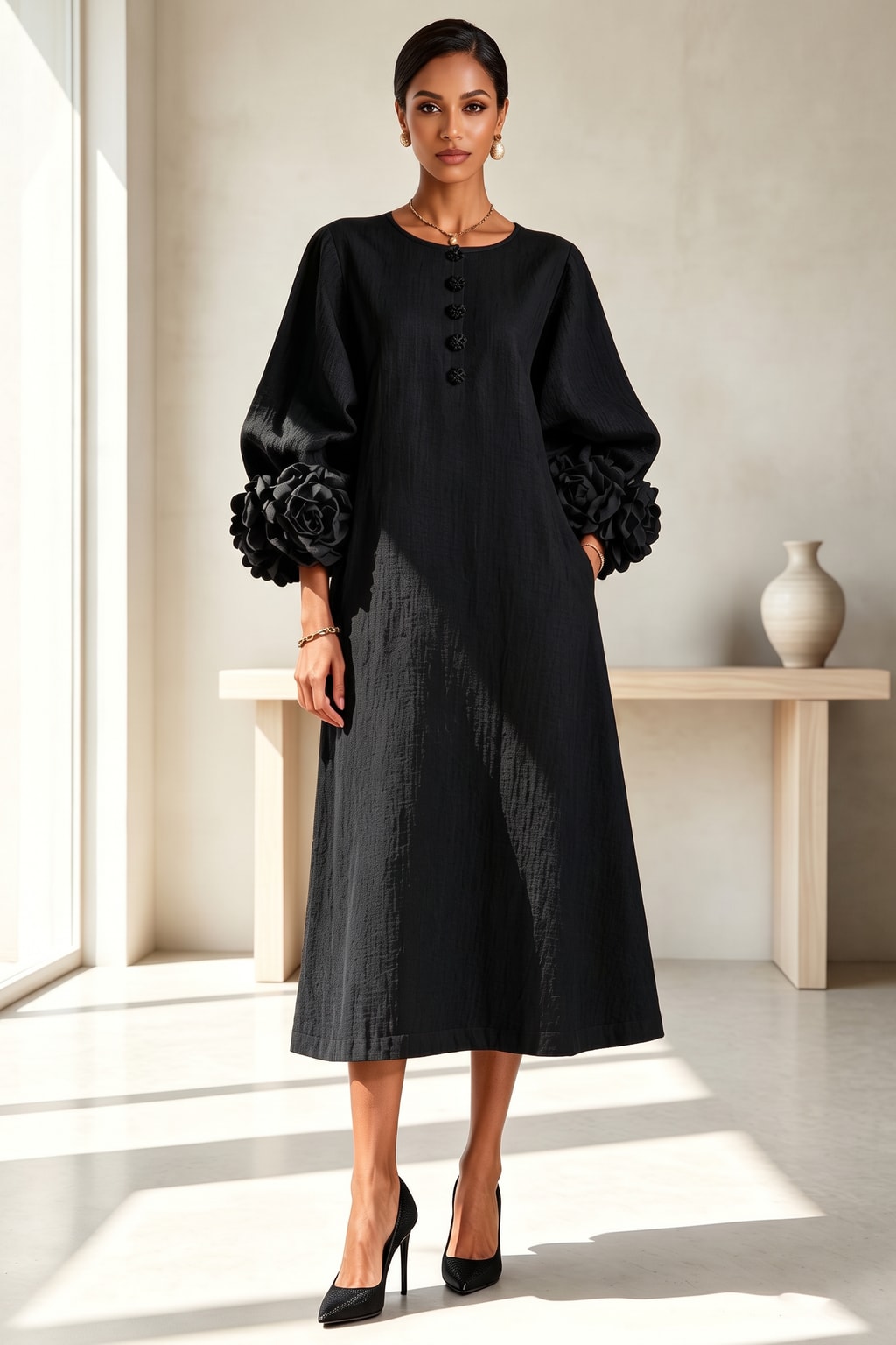 Linen Blend Midi Dress With Button-Down Front - 8