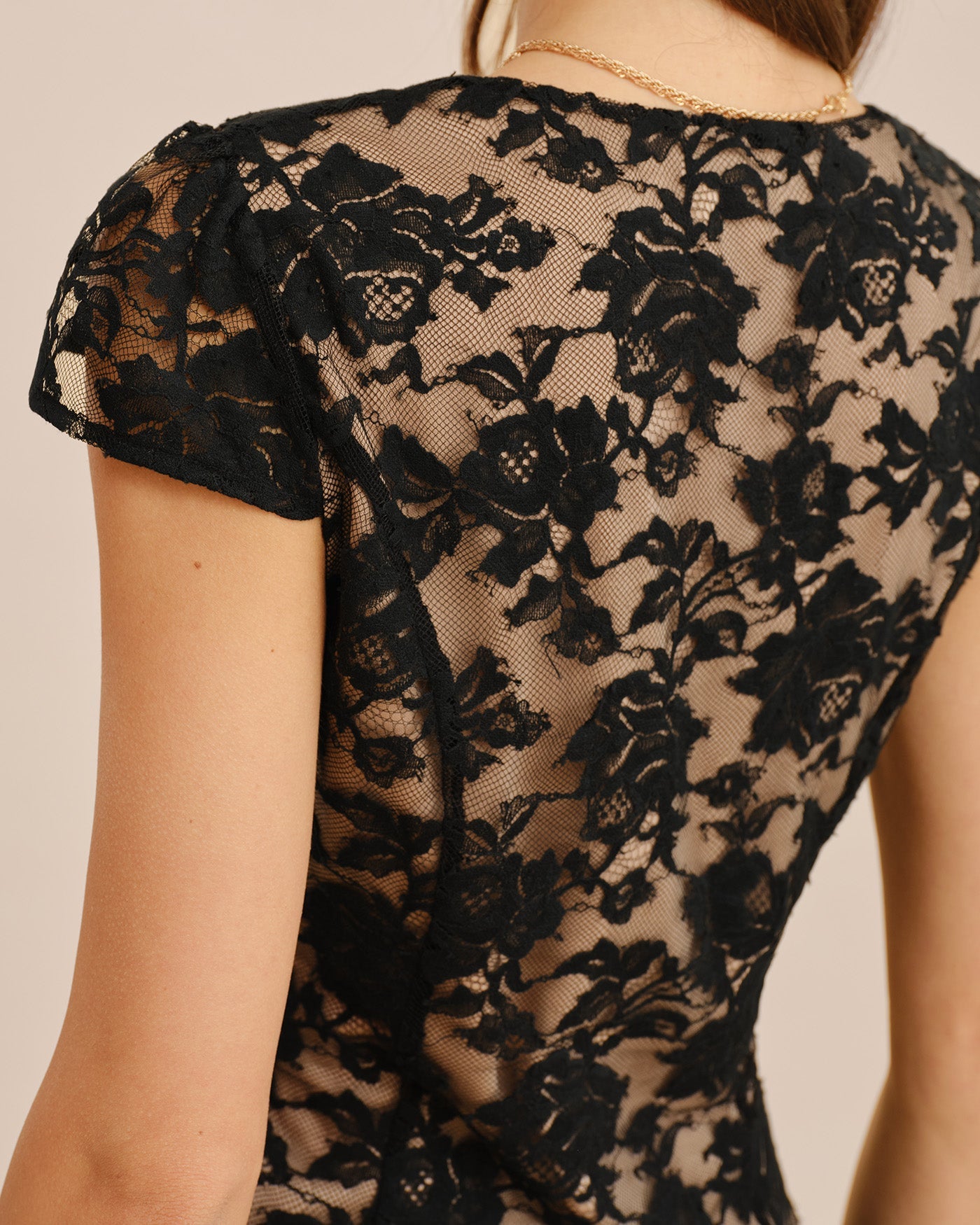Black Lace V-Neck Button Blouse, Cap Sleeve - view 4