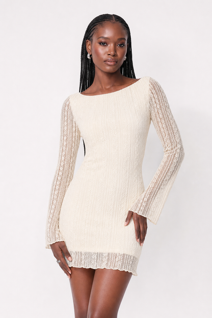 Apricot Lace Mini Dress with Bell Sleeves - view 3