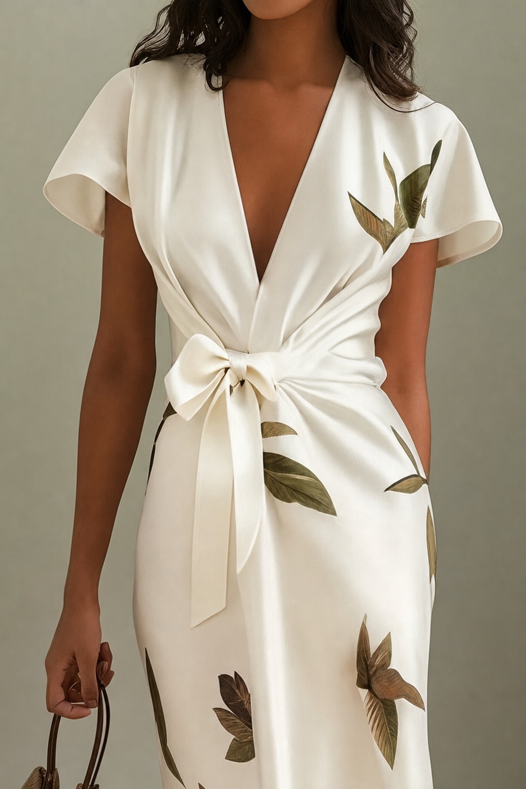 Satin Wrap Midi Dress With Leaf Print - 4