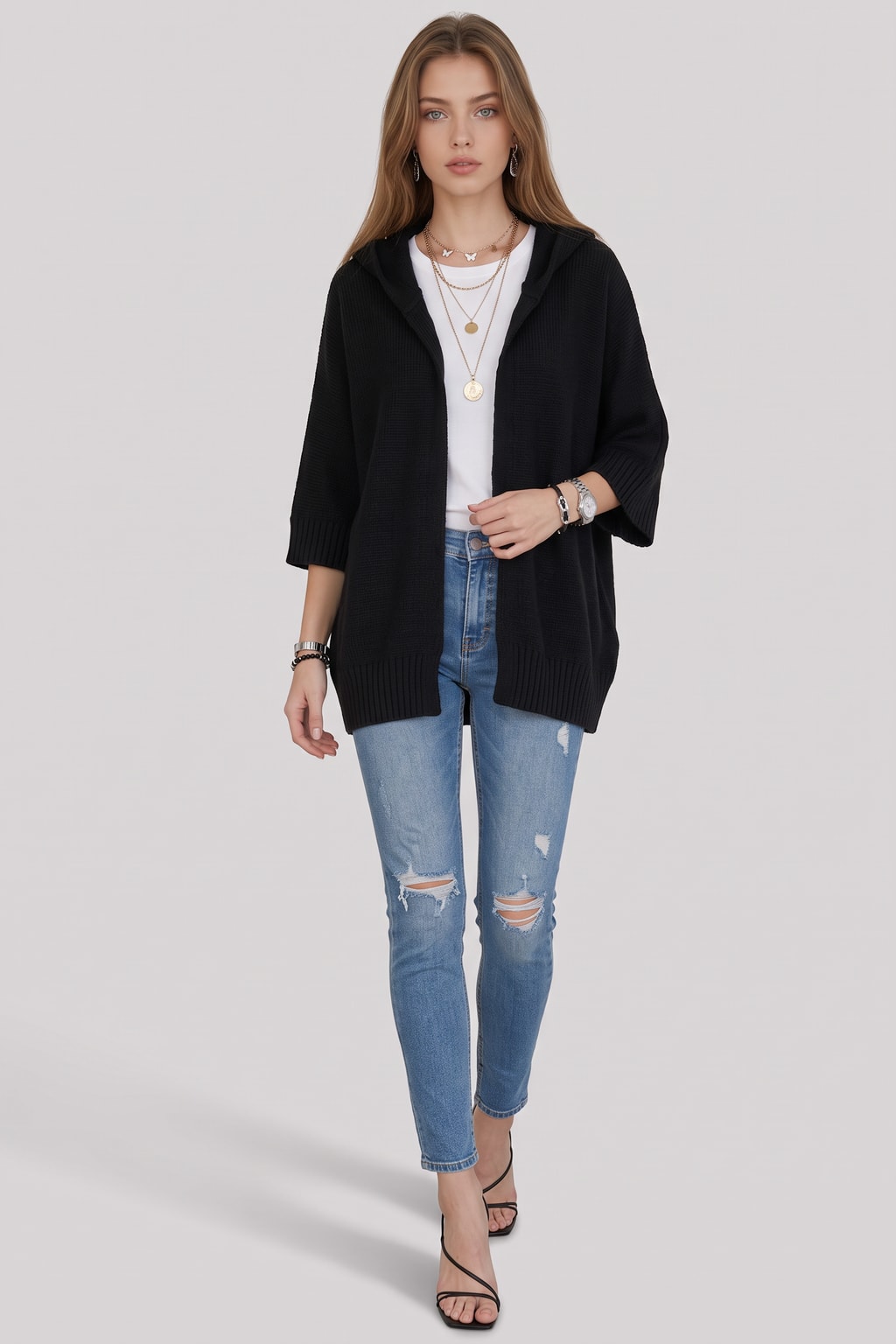Cozy Knit Cardigan with Hooded Open Front - 8