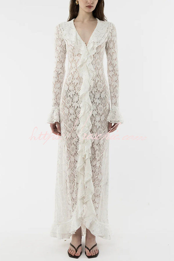 Bell Sleeve Lace Maxi Dress in White - view 2
