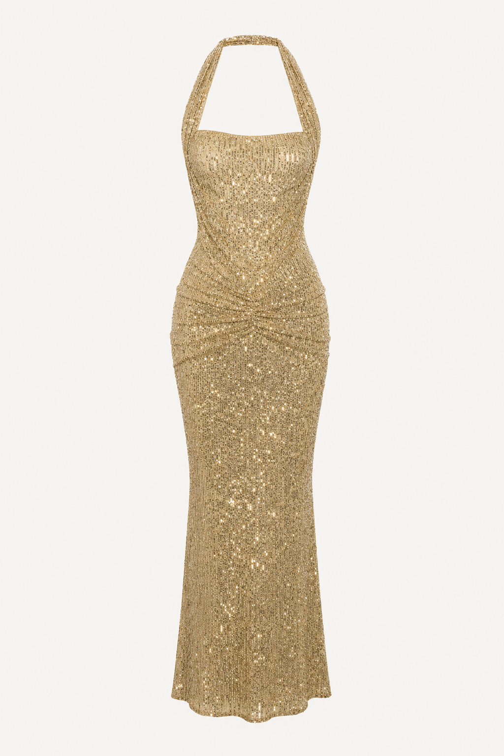 Gold Sequin Halter Maxi Dress, Lace-Up Back