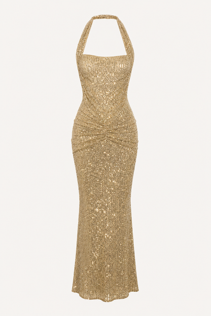 Gold Sequin Halter Maxi Dress, Lace-Up Back