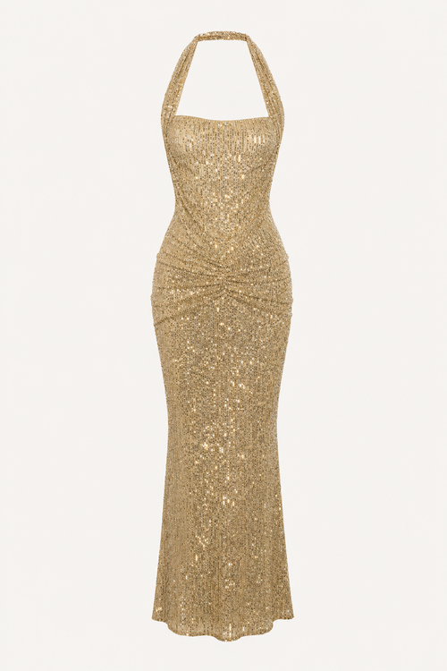 Gold Sequin Halter Maxi Dress, Lace-Up Back