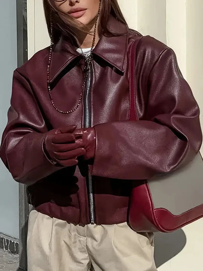 Oversized Cropped Faux Leather Jacket - view 3