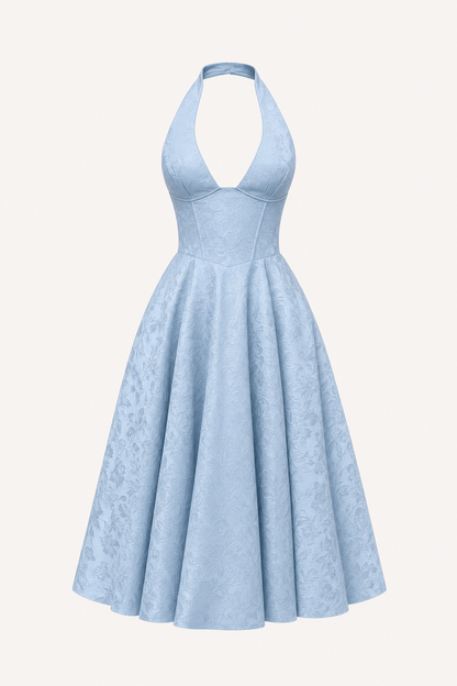 Jacquard Halter Neck Open-Back Midi Dress