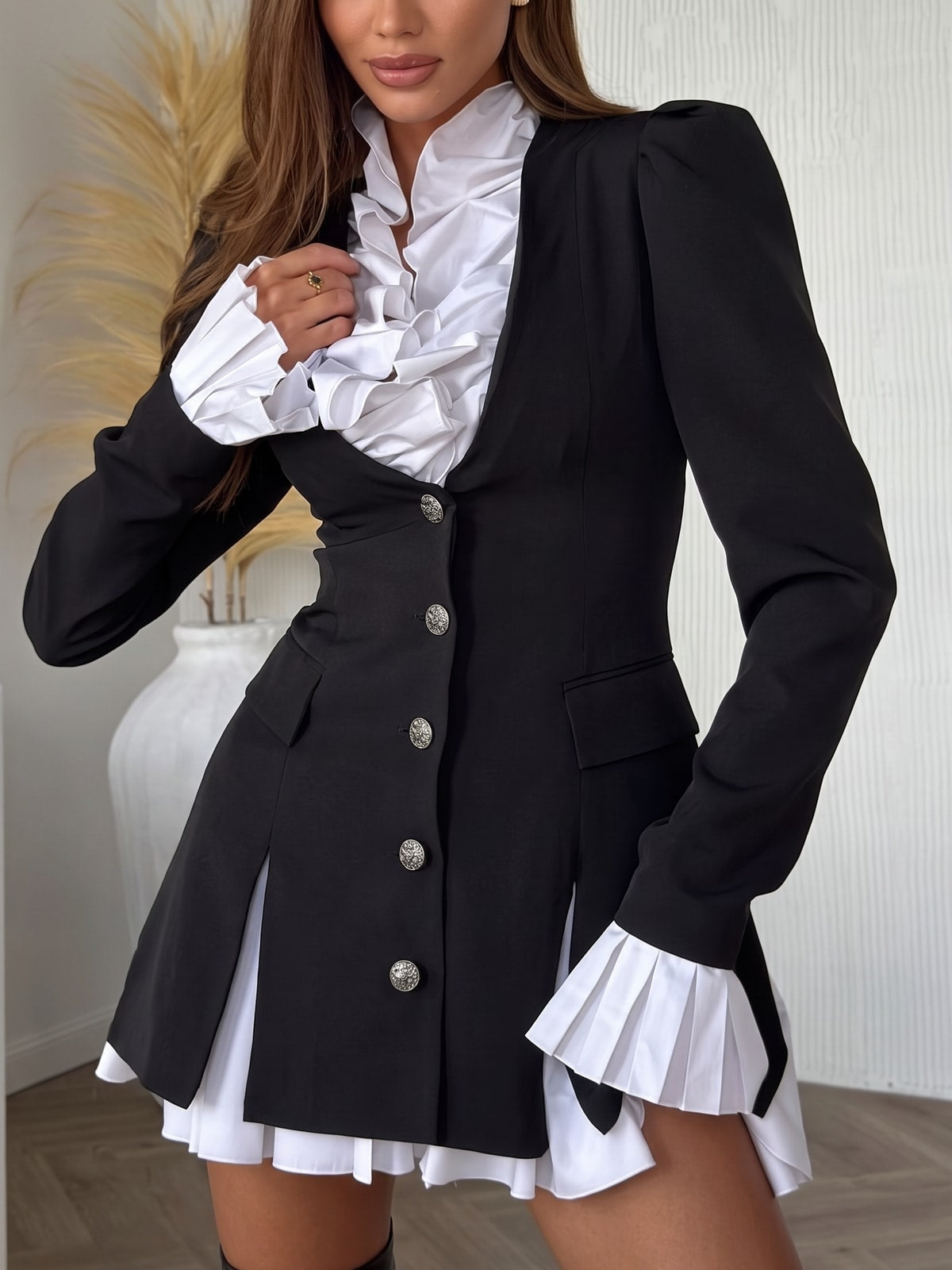 White Mini Dress With Ruffled Blazer Front - 2