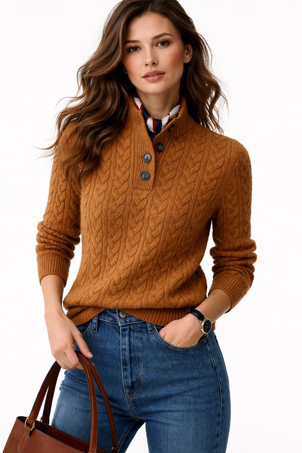 Wool Blend Sweater With Cable Knit Turtleneck - 1