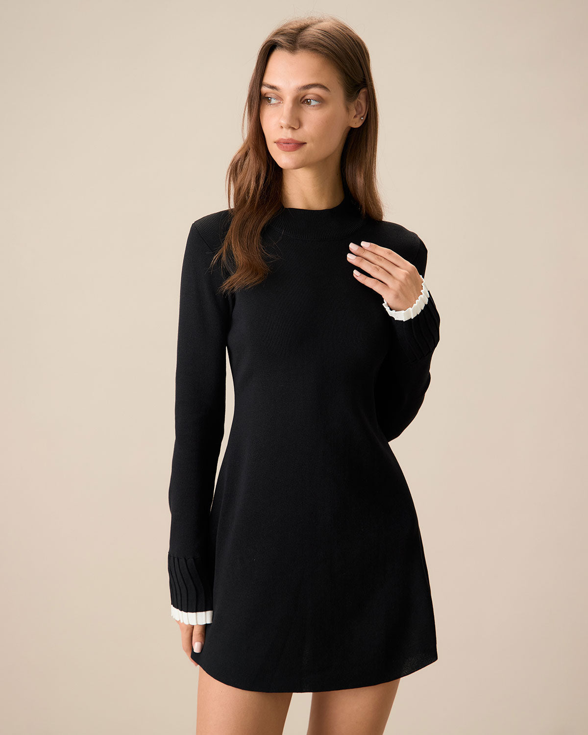 Black Knit Mini Dress with Contrast Sleeves - view 2