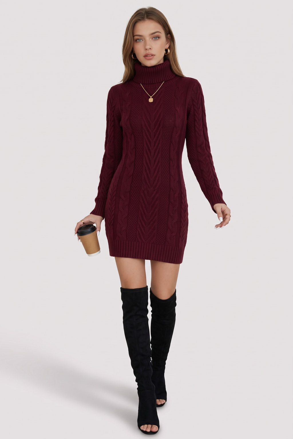 Knit Sweater Dress Turtleneck Bodycon Mini Style - 6