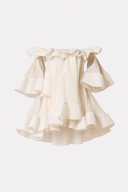 Off-Shoulder Ruffle Mini Dress With Puff Sleeves