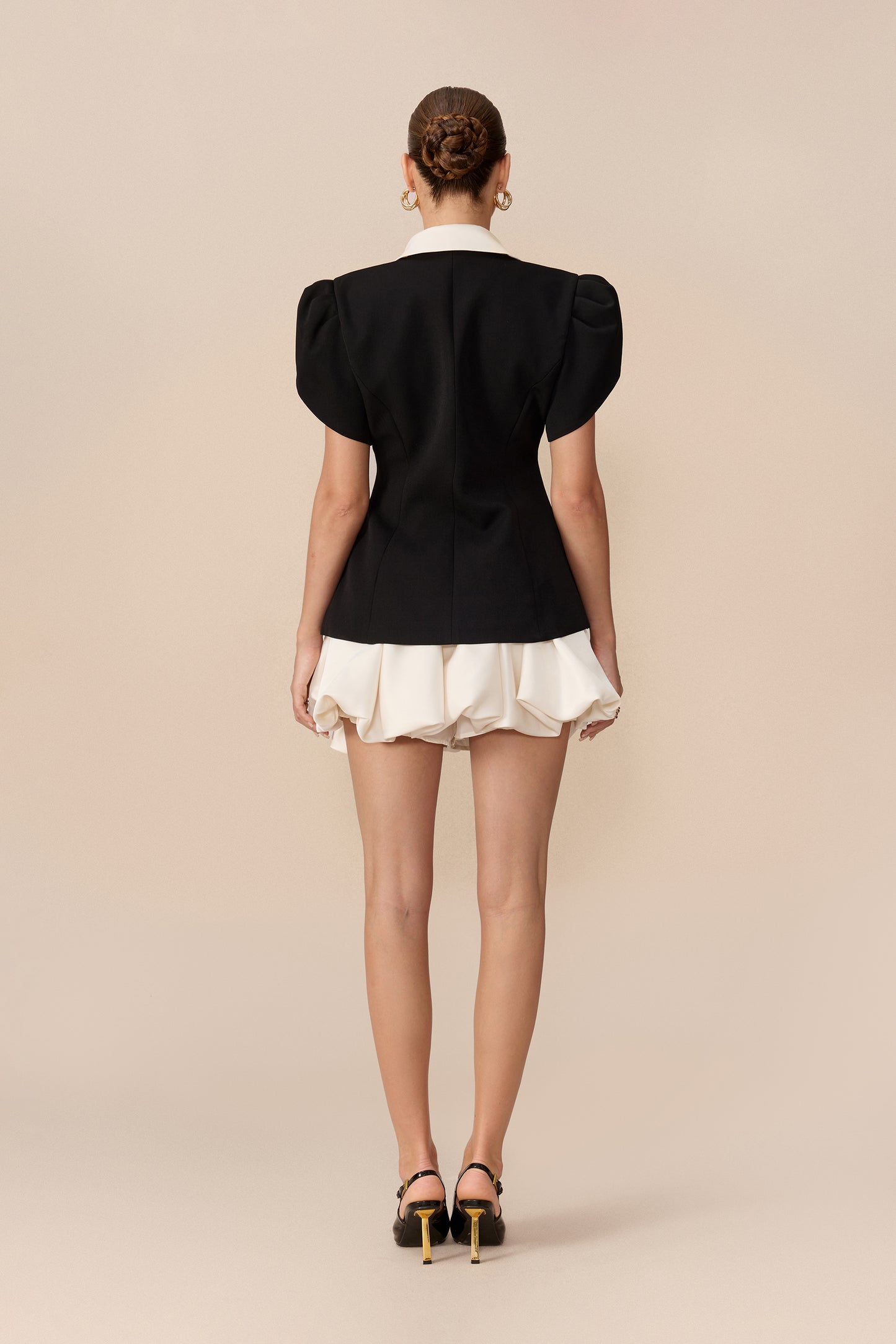 Puff Sleeve Lapel Top and Bubble Skirt Set - view 4