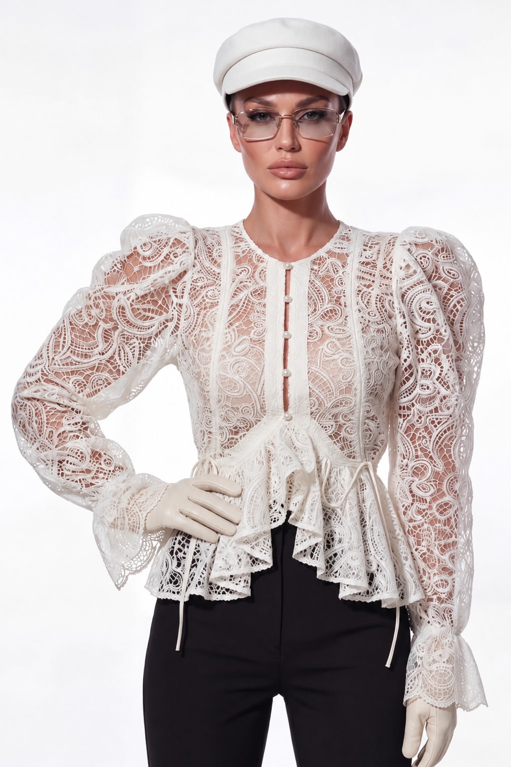 Lace Round-Neck Top With Puffed Sleeves - 2