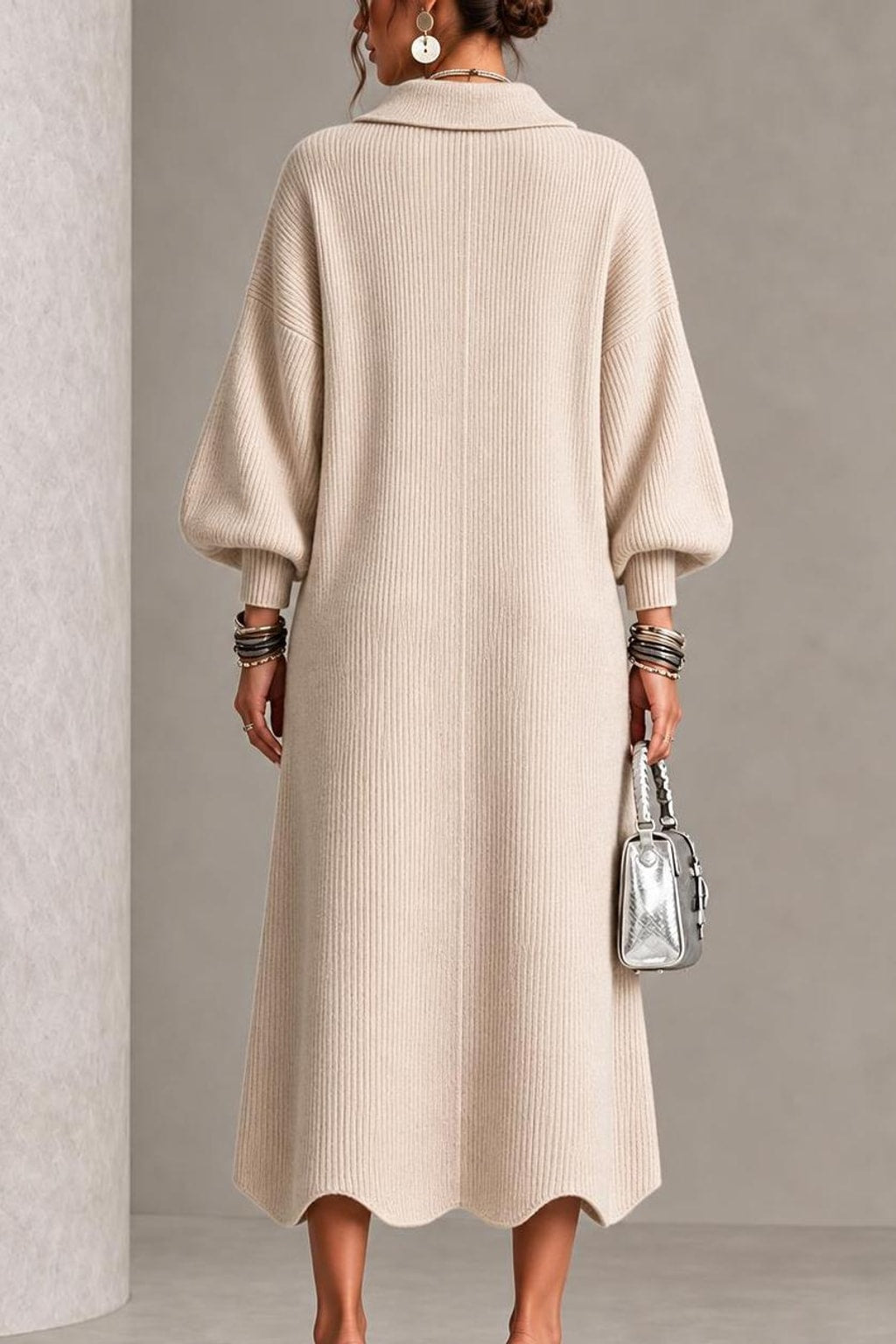 Ribbed Knit Lantern Sleeve Maxi Dress - 3