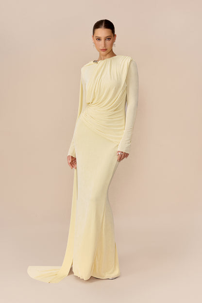 Yellow cape-drape ruched maxi dress with high neck - view 5