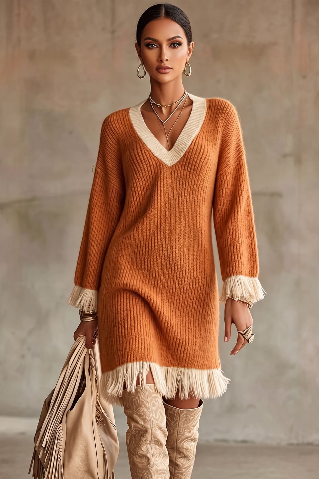 Polyester Knit Dress With Tassel Hem - 3