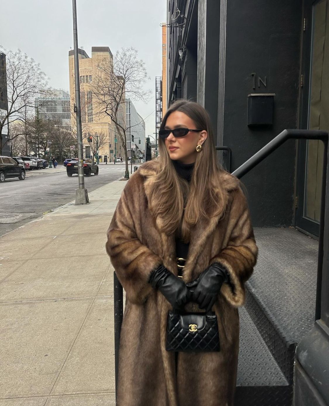 Brown Faux Fur Long Coat with Shawl Collar - view 3