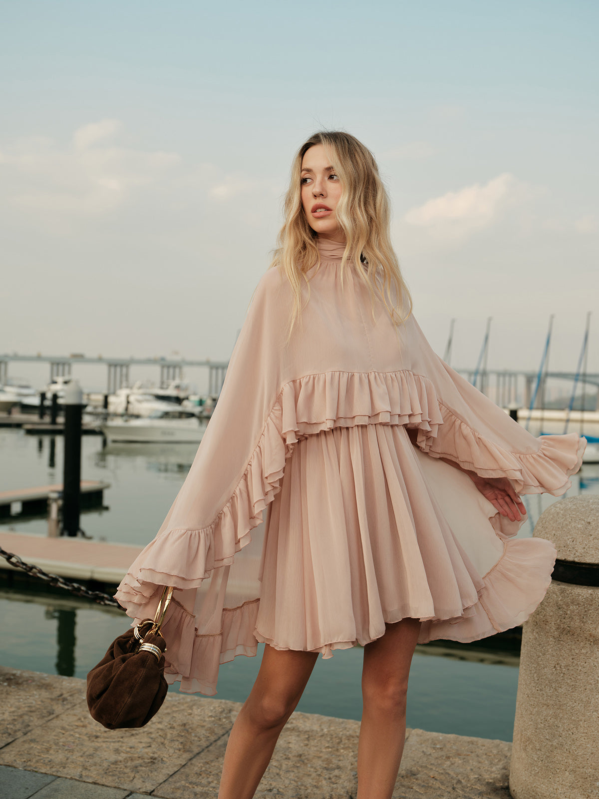 Chiffon Mini Dress with Ruffle Cape Overlay - view 3