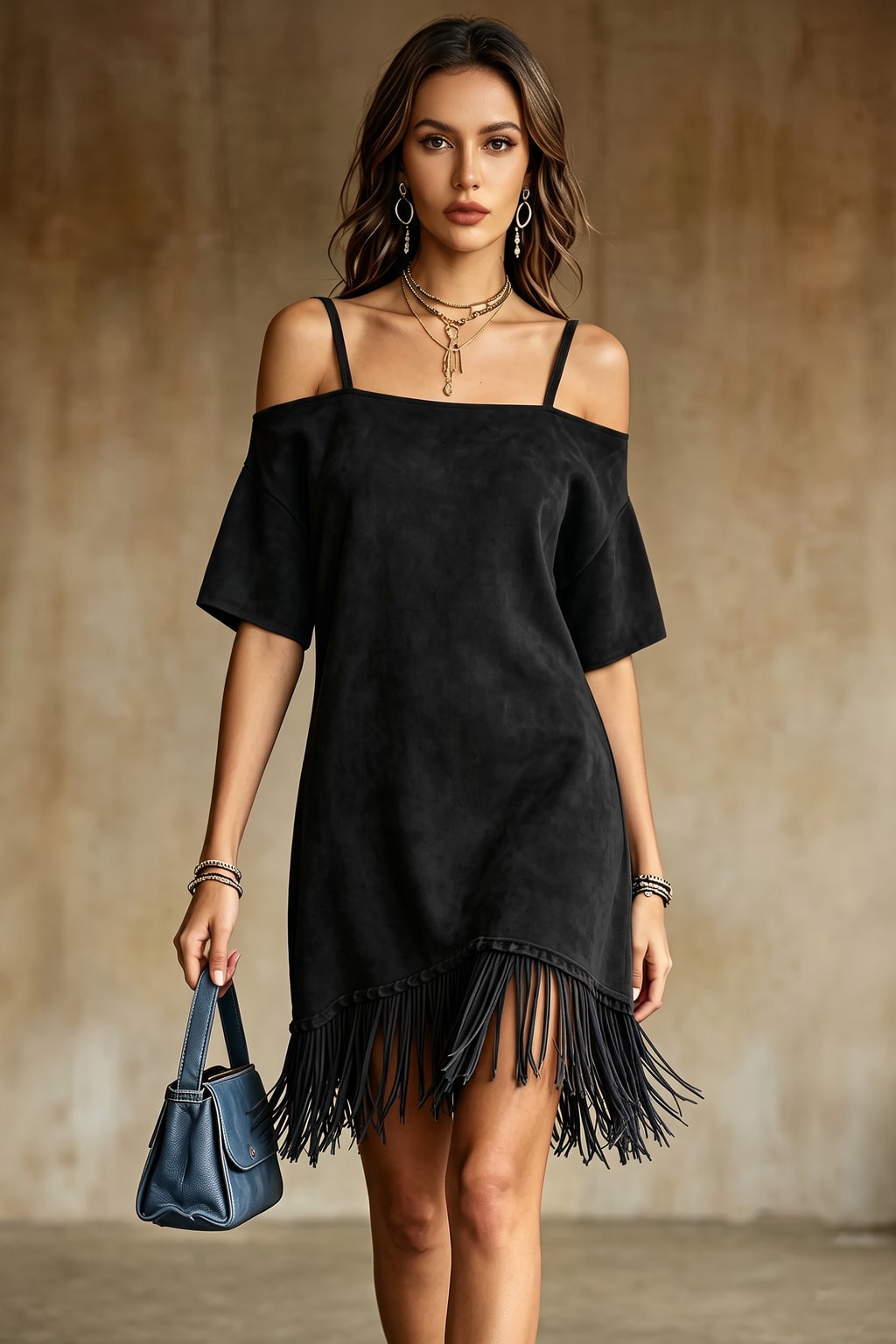Polyester Fringe Off-Shoulder Mini Dress - 6