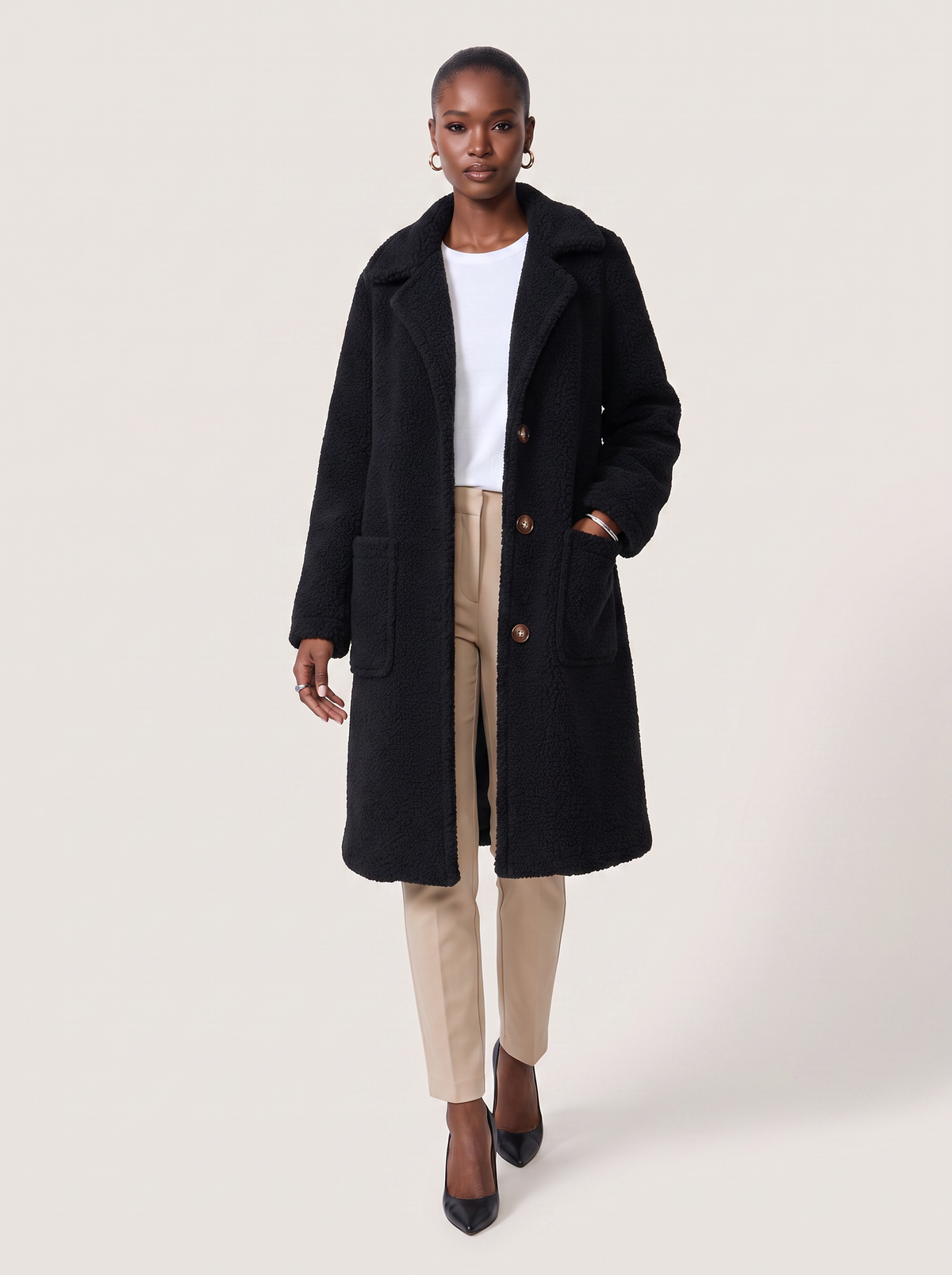 Long double breasted teddy coat with notch lapel - view 4
