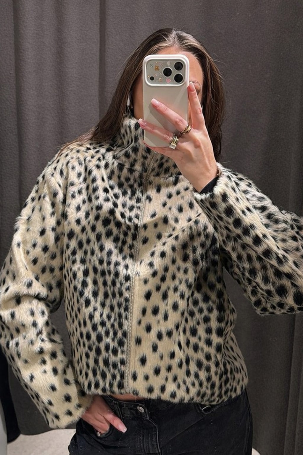 Faux Fur Leopard Print Jacket Cropped Stand Collar - 3