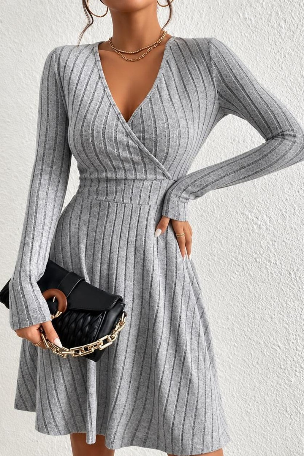 Stretch Knit A-Line Dress with V-Neck - 5