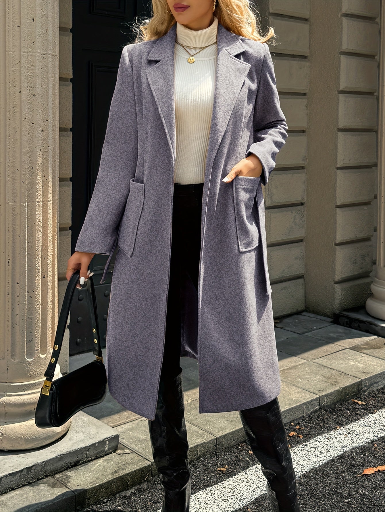 Tailored belted long coat with waist tie - view 21