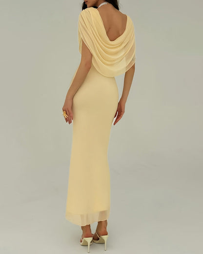 Yellow cowl neck maxi dress with pleated waist - view 3