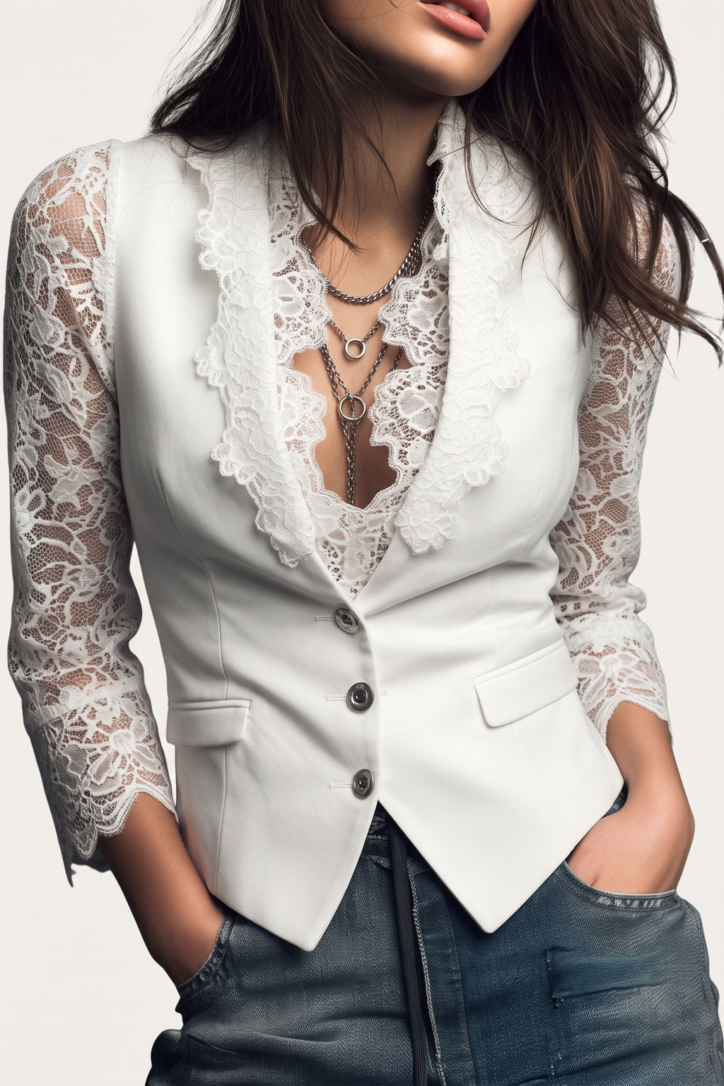 Blazer Vest With Lace Panel Sleeves - 2