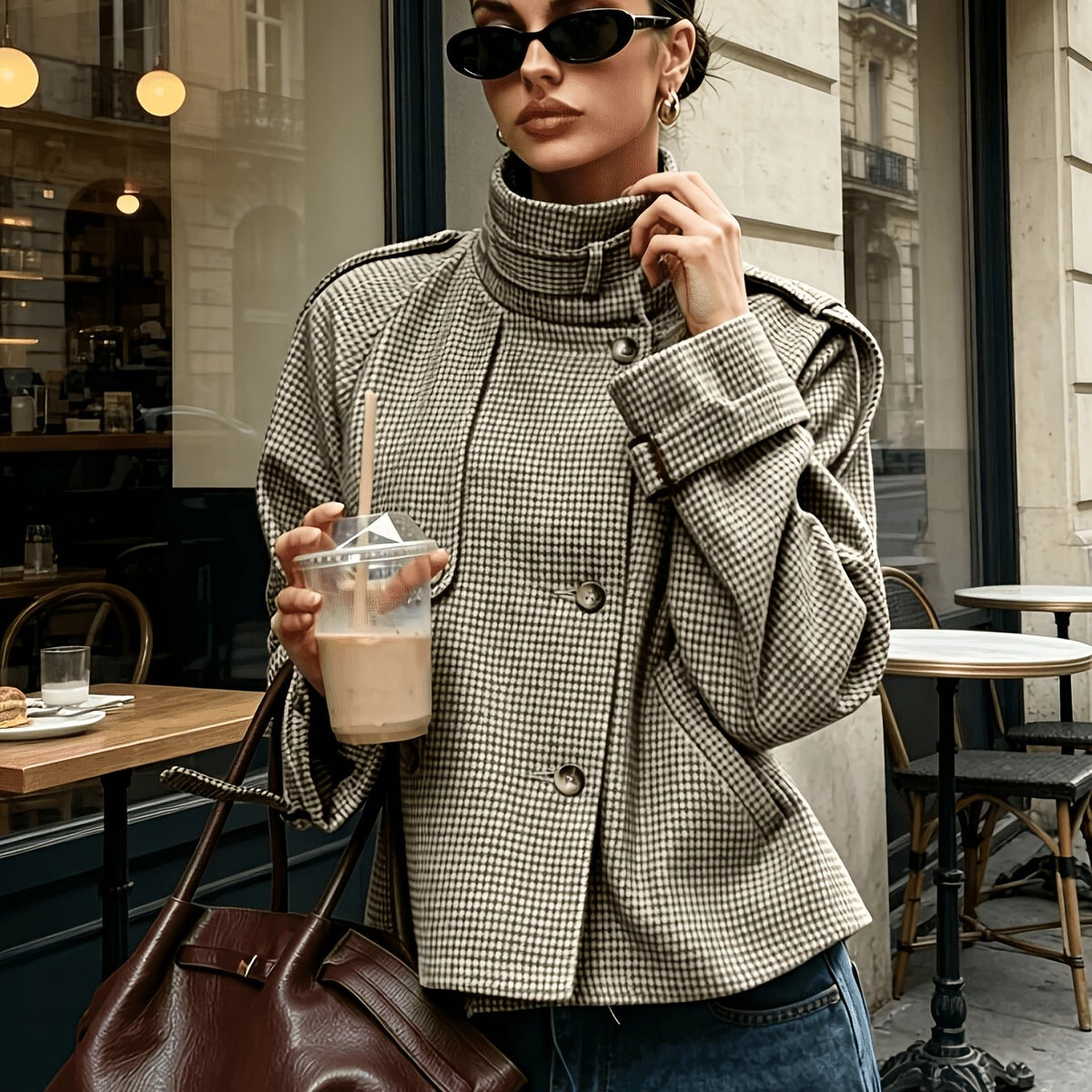 Khaki Houndstooth Cropped Jacket, Stand Collar - view 2