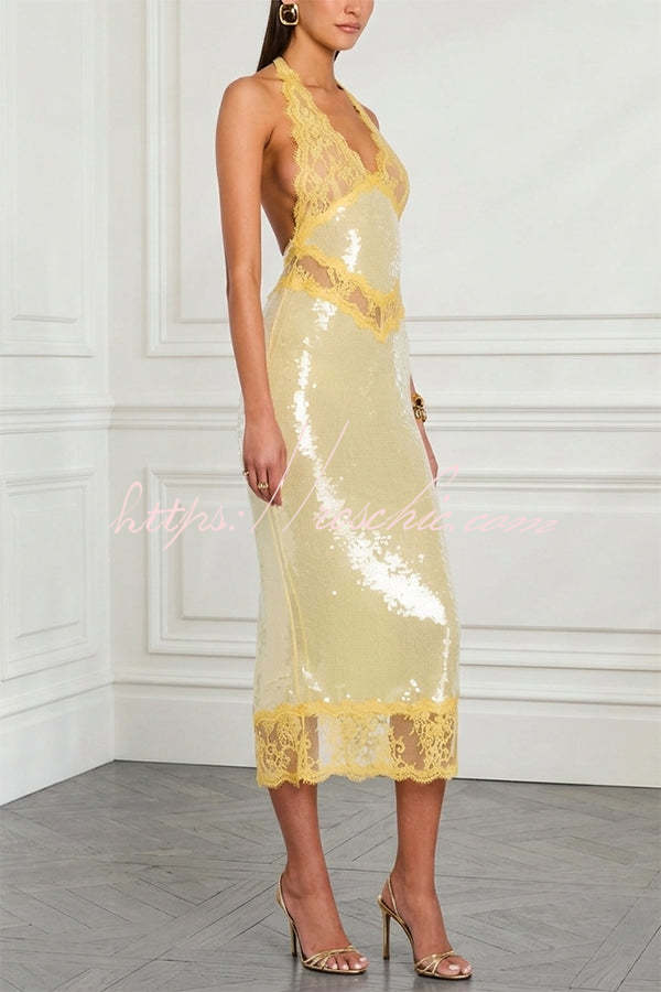 Yellow sequin halter midi dress with sheer lace - view 4
