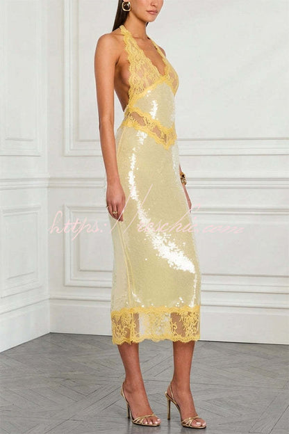 Yellow sequin halter midi dress with sheer lace - view 4