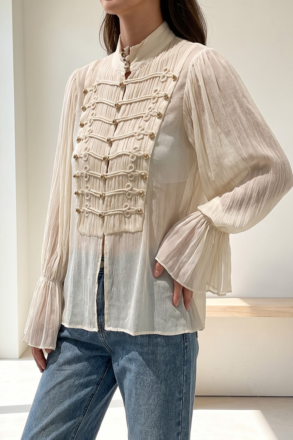 Beige Polyester Button-Down Shirt With Ruffle Sleeves - 3