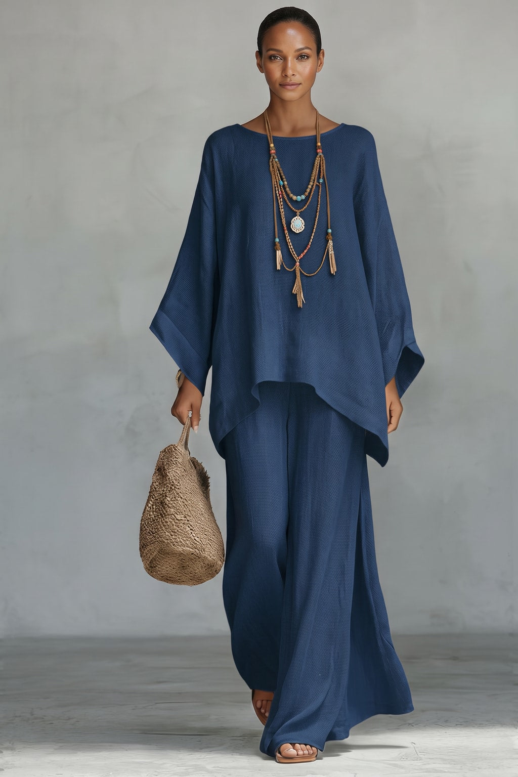 Asymmetric Top Two-Piece Set With Flowing Pants - 8
