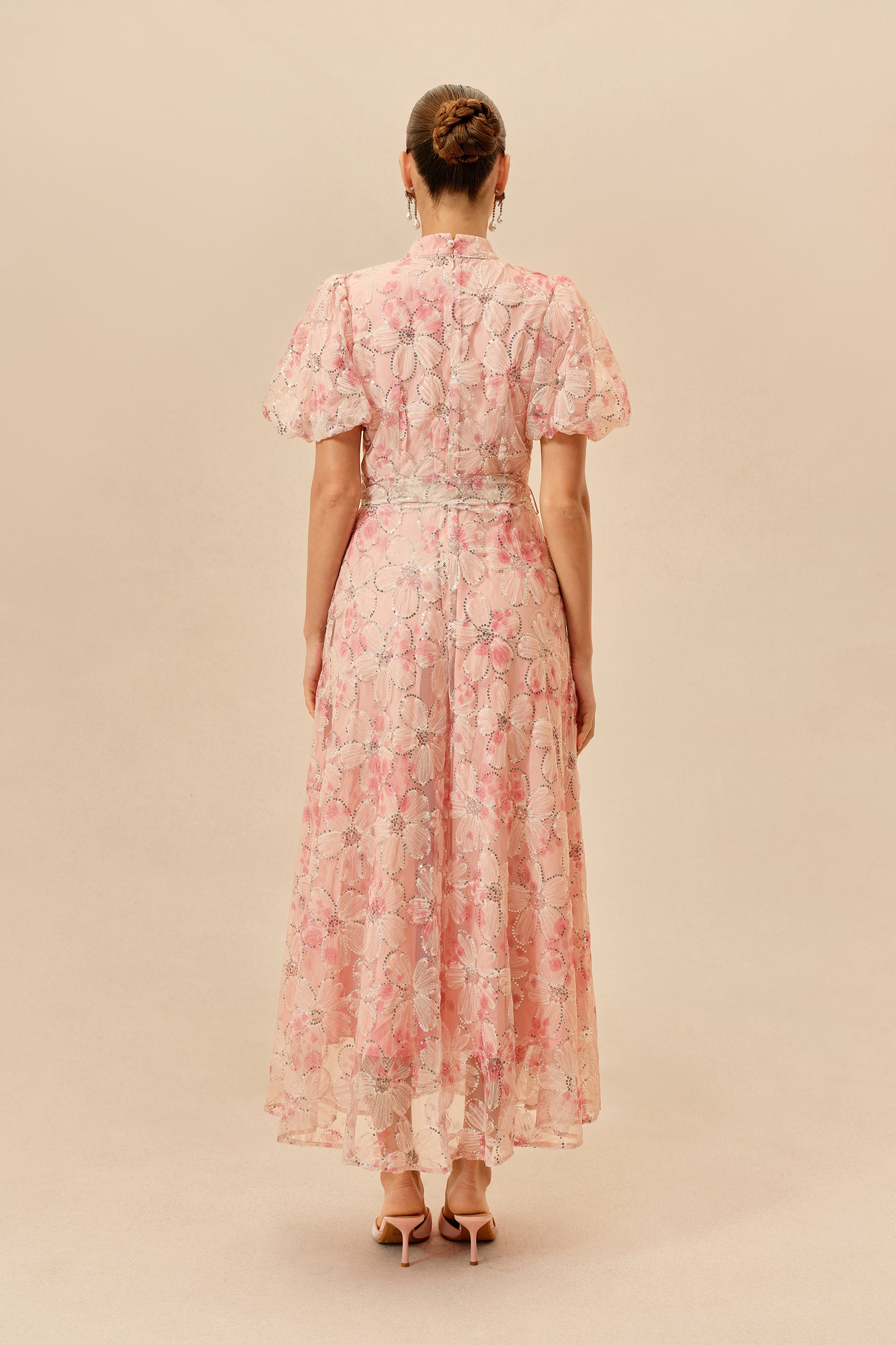 Pink Floral Sequin Puff Sleeve Maxi Dress - view 4