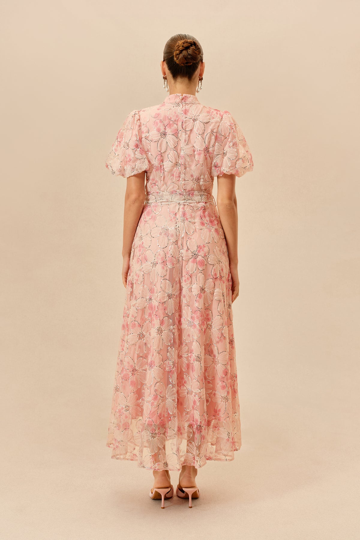 Floral Sequin Maxi Dress Puff Sleeve Tie-Waist Gown - 4