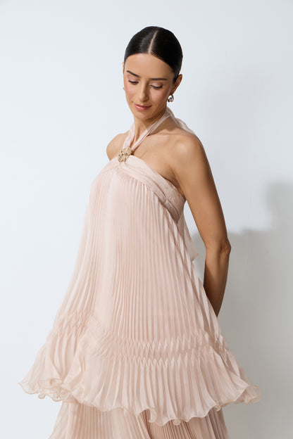 Pink Halter Pleated Maxi Dress With Ruffles - view 3