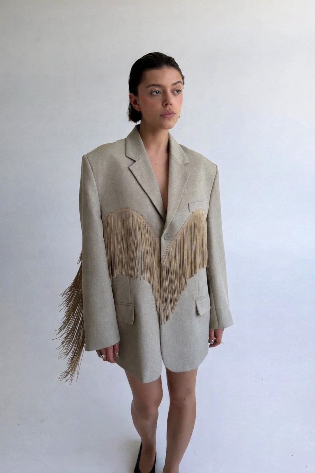Cotton Blazer Jacket With Heart-Shaped Fringe - 3