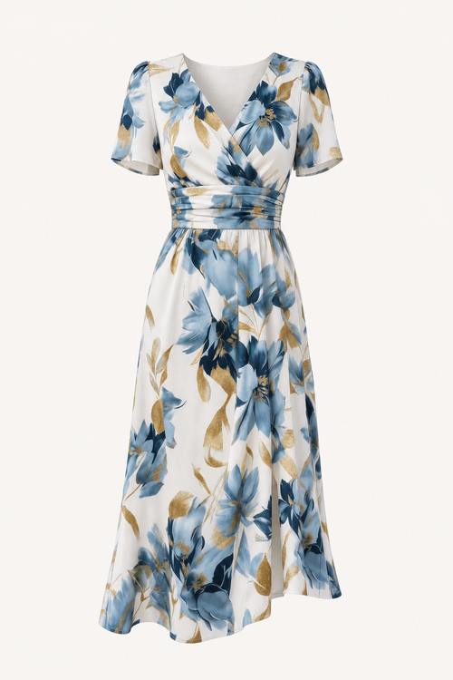 Multicolor Floral Wrap Midi Dress, Ruched Waist