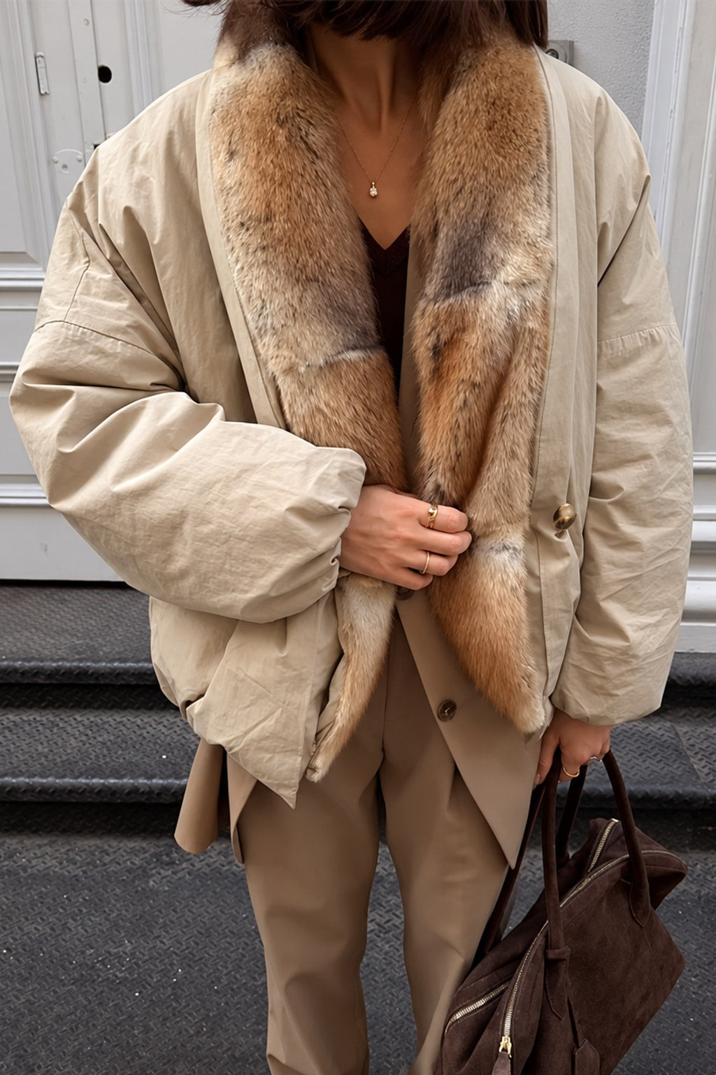 Blended Puffer Jacket Faux Fur Collar Oversized - 3