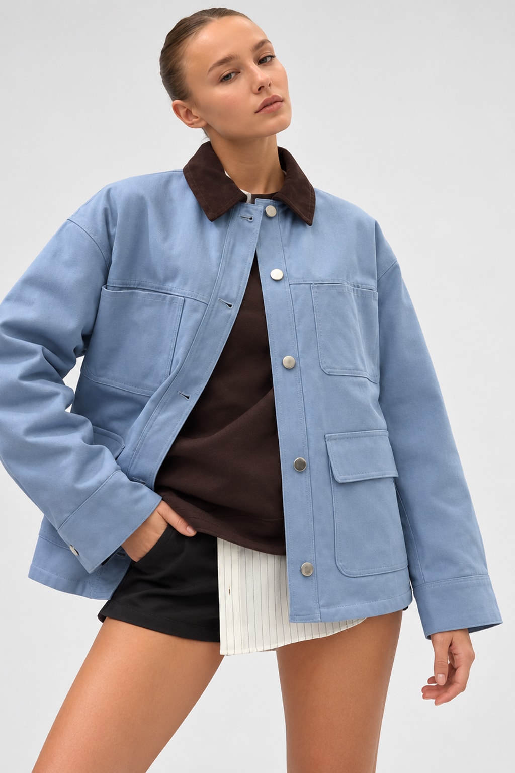 Cotton Blend Jacket Loose Fit Casual Blue - 6
