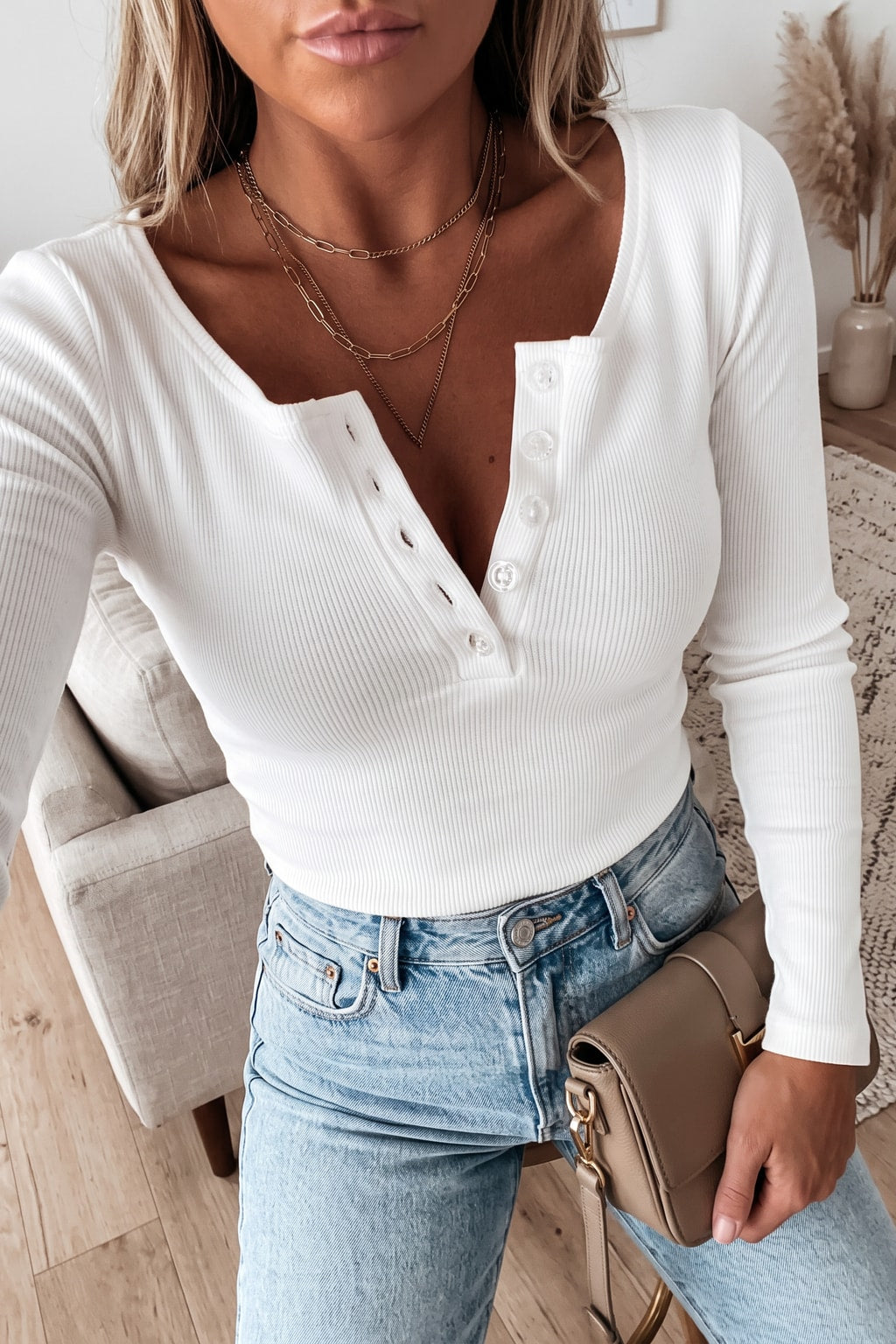 Ribbed Knit Button-Front Long Sleeve Top - 8