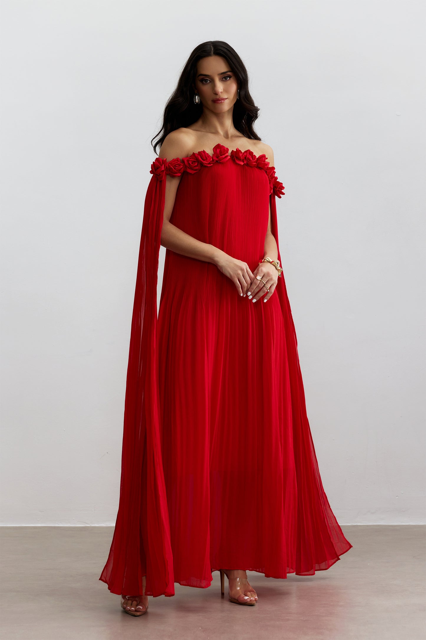 Off-Shoulder Rosette Maxi Dress in Red - view 4