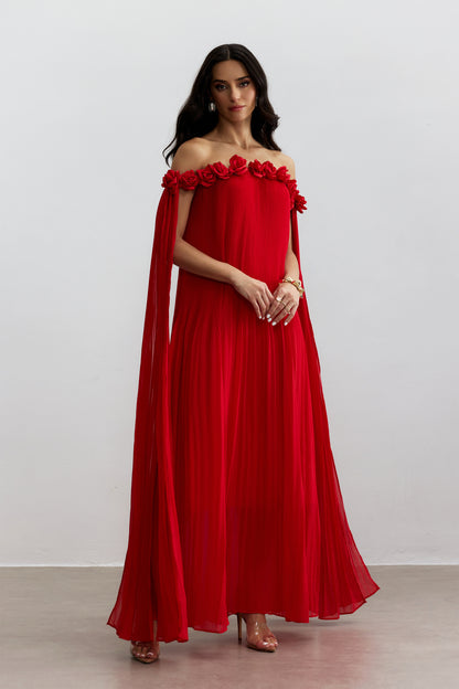 Off-Shoulder Rosette Maxi Dress in Red - view 4