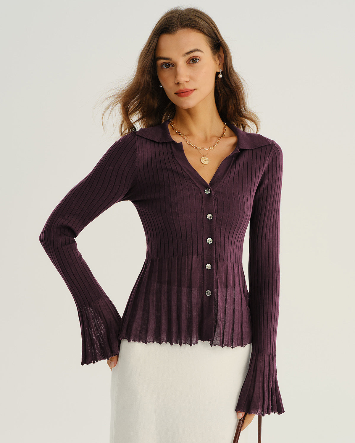 Purple ribbed knit button-front cardigan - view 2