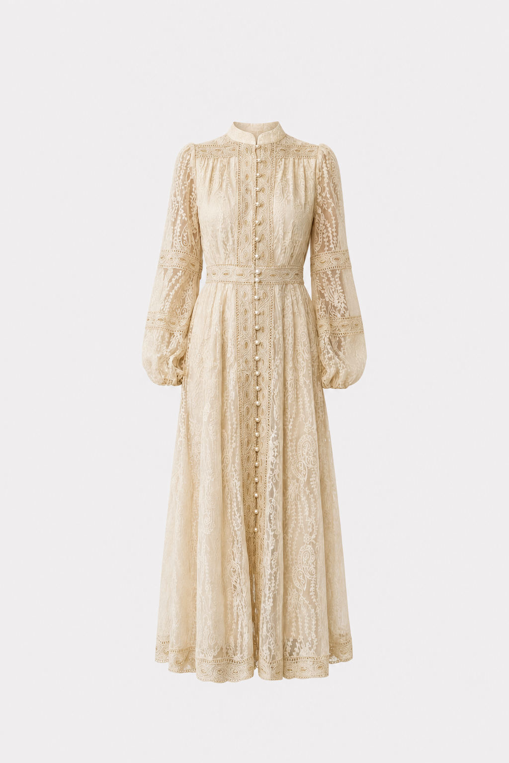 Beige Lace Stand Collar Puff Sleeve Maxi Dress