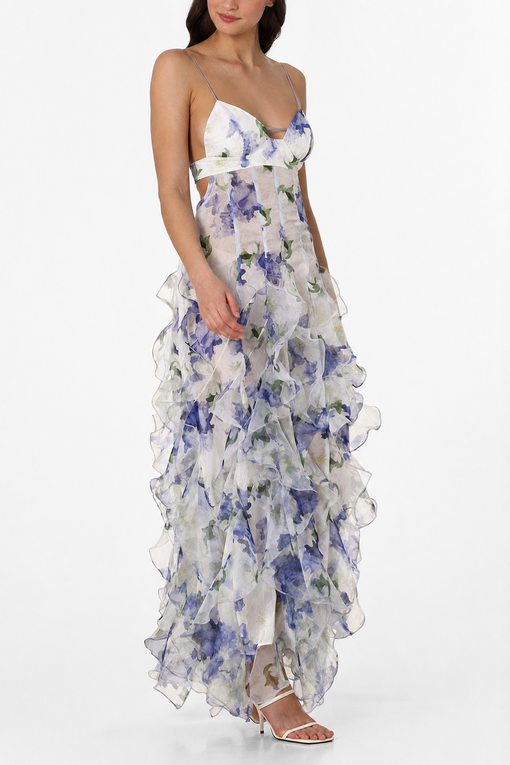 Blue Floral Tiered Ruffle Chiffon Maxi Dress - view 2
