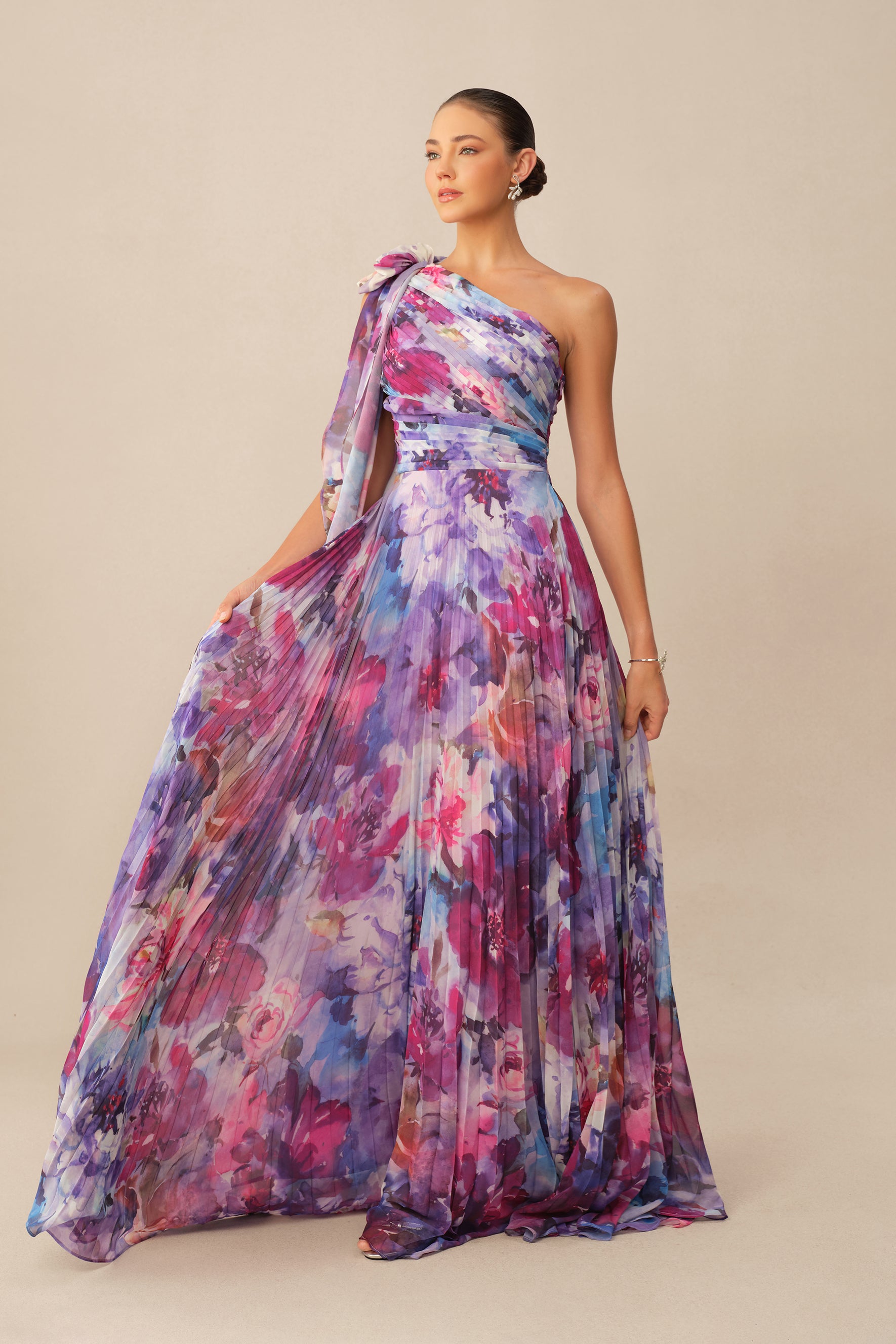 Purple Floral One-Shoulder Chiffon Maxi Dress - view 5