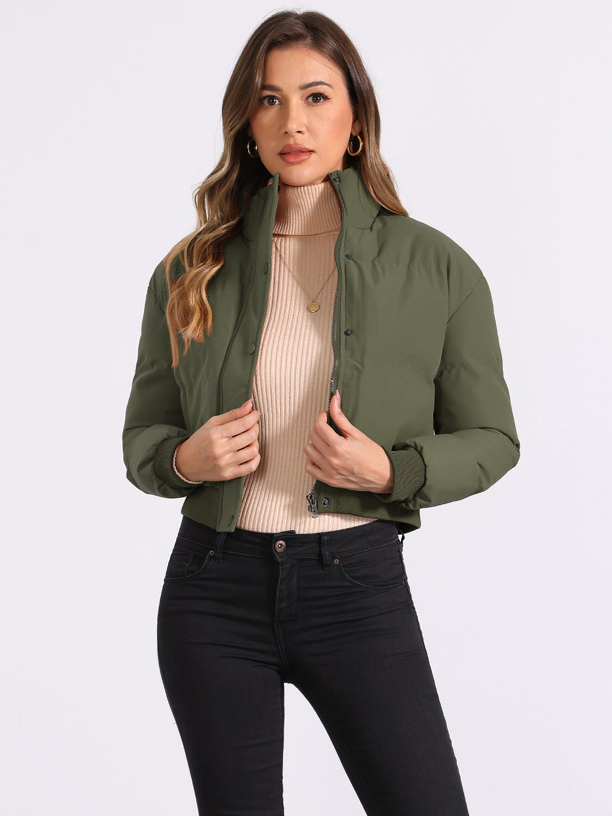 Padded Cropped Bomber Jacket With Stand Collar - view 17